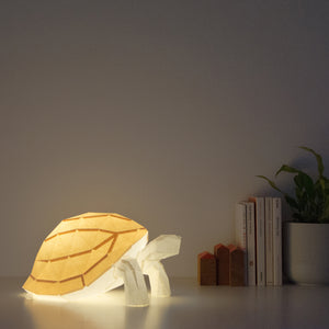 Tortoise Paperlamp emitting a warm glow on a table with books and a plant in the background.